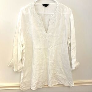 LANDS END White Embroidered Glass Beads Linen Tunic Blouse